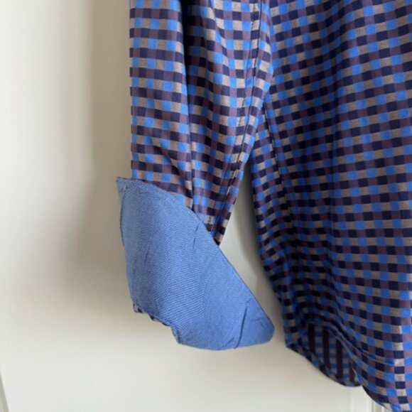 Bugatchi Mens Blue and Tan Checked Long Sleeve Shirt - Picture 2 of 4